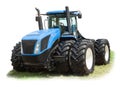 Large blue tractor on 8 wheels isolate on white