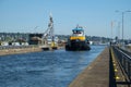 Large blue and yellow tugboat at Ballard Locks, Seattle Royalty Free Stock Photo