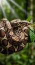 A large boa constrictor (Boa constrictor) is depicted coiled around a moss-covered Royalty Free Stock Photo