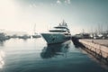 a large boat is docked at a dock in the water Royalty Free Stock Photo