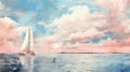 Dreamy Yacht Sailing Ship On Calm Waves: Nostalgic Realism Illustration