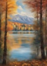 A large body of water, a lake, surrounded by trees, mountains impressionist painting vertical image, autumn colors