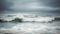 A large body of water with powerful waves crashing against a rocky coastline, Stormy ocean waves under a graying sky