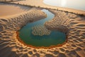 A large body of water sitting in the middle of a desert, AI