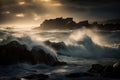 a large body of water with waves crashing against rocks and a sky filled with dark clouds above it, with the sun shining through