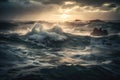 a large body of water with waves and rocks in the distance with a sun setting behind it and clouds in the sky over the water Royalty Free Stock Photo