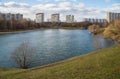 Large Bolshoi OchakovÃÂ¾ Pond overlooking Ozernaya Street in early spring, Western Administrative District, Moscow, Russia