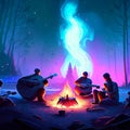 A large bonfire in the forest at night. Camping in the forest at night. Guitar on the fire. Generative AI