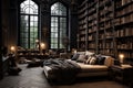 Large bookcase with lots of books. Sofa bed in the room for reading books. By generative Ai