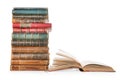 Large books pile with single open book isolated with clipping path Royalty Free Stock Photo