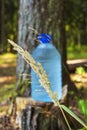 A large bottle of fresh clean drinking water is standing on a stump in the forest Royalty Free Stock Photo