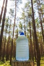 A large bottle of fresh clean drinking water is standing on a stump in the forest Royalty Free Stock Photo