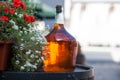 Large bottle of homemade wine are on the barrel