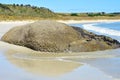 Large boulder partially buried in beach sand