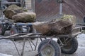 large boulders on carts in stone workshop Royalty Free Stock Photo