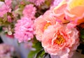 A large bouquet of artificial flowers. Delicate chrysanthemums. Very beautiful background of artificial flowers. The color is pink