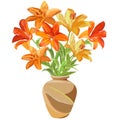 Large bouquet of bright orange and yellow lilies in a brown ceramic vase