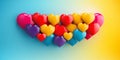 A large bouquet of rainbow colors with 3D heart shaped balloons. Copy space