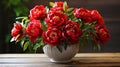 A large bouquet of red peonies with green leaves in a vase. Empty background, vintage charming style. Generative AI