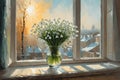 A large bouquet of snowdrops stands on the windowsill in a vase