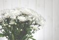 Large bouquet of white chrysanthemums with green stalks stands against a white wooden wall Royalty Free Stock Photo