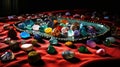 A large bowl of colorful stones on a red cloth, AI