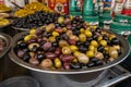 Large bowl of fresh olives at the largest in the Carmel Market in Tel Aviv.