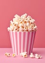 Large bowl of popcorn over pink background. Generative AI
