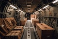 Large boxes in the cargo compartment of a wide-body aircraft. Generative AI Royalty Free Stock Photo