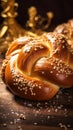 A large braided Challah bread with sesame seeds on a table, AI