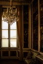 Large brass and crystal chandelier in a salon