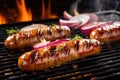 large bratwursts on a grill with beer and onion mix applied Royalty Free Stock Photo