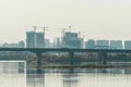 A large bridge to the city across the river against the backdrop of the cityscape and urban landscape architecture Royalty Free Stock Photo