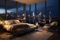 A bedroom with a large window overlooking a city Royalty Free Stock Photo