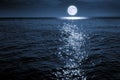 Large Bright FUll Moon Rises Over A Calm Ocean Scene Royalty Free Stock Photo