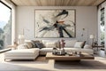 Large bright living room with shelves and big painting on white wall, white sofa with pillows