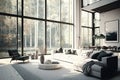 Large, bright, luxurious living room with large windows, 3D rendering.