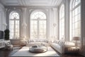 Large, bright, luxurious living room with large windows, 3D rendering.