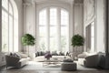 Large, bright, luxurious living room with large windows, 3D rendering.