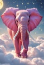 Pink elephant walking on clouds under starry night sky with moon image photo Royalty Free Stock Photo