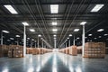 Large bright warehouse stocked with merchandise pallets, Generative AI