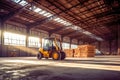 Large bright warehouse for storing products. In the center of the hall stands a tractor for transporting goods