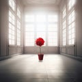 A large bright white empty room and one red flower in the middle, an unusual composition,