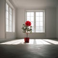 Large bright white empty room and one red flower in the middle, an unusual composition,