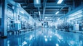 Large brightly lit hall with modern industrial equipment. Interior of a biopharmaceutical medicine factory. Generative AI