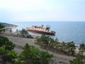 Large broken scientific ship in the Baltic sea Royalty Free Stock Photo