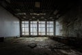 Large broken windows of abandoned building