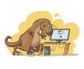 large brown angry dinosaur (tyrannosaurus) near desk with comouter