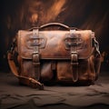 Antique Leather Briefcase On Fire: Backlit Photography In Dark Beige Royalty Free Stock Photo