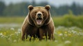 A large brown bear roars in a field of wildflowers Royalty Free Stock Photo